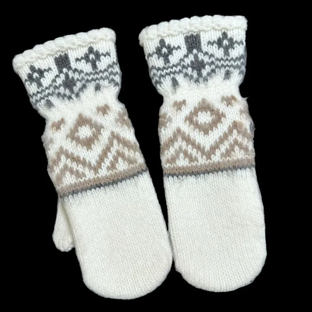 Fair Isle Pattern Cream white extended mittens size M/L